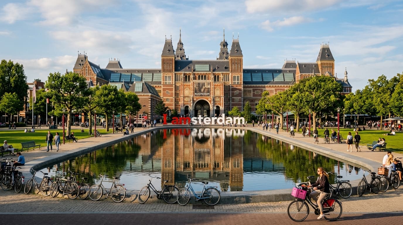 The grand facade of the Rijksmuseum reflected in the Museumplein water basin in Amsterdam