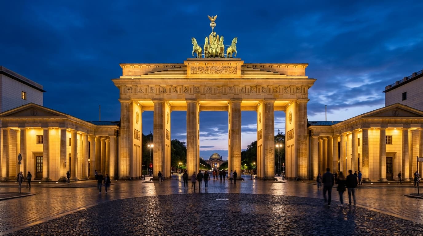 Brandenburg Gate illuminated with warm golden light against deep indigo night sky in Berlin