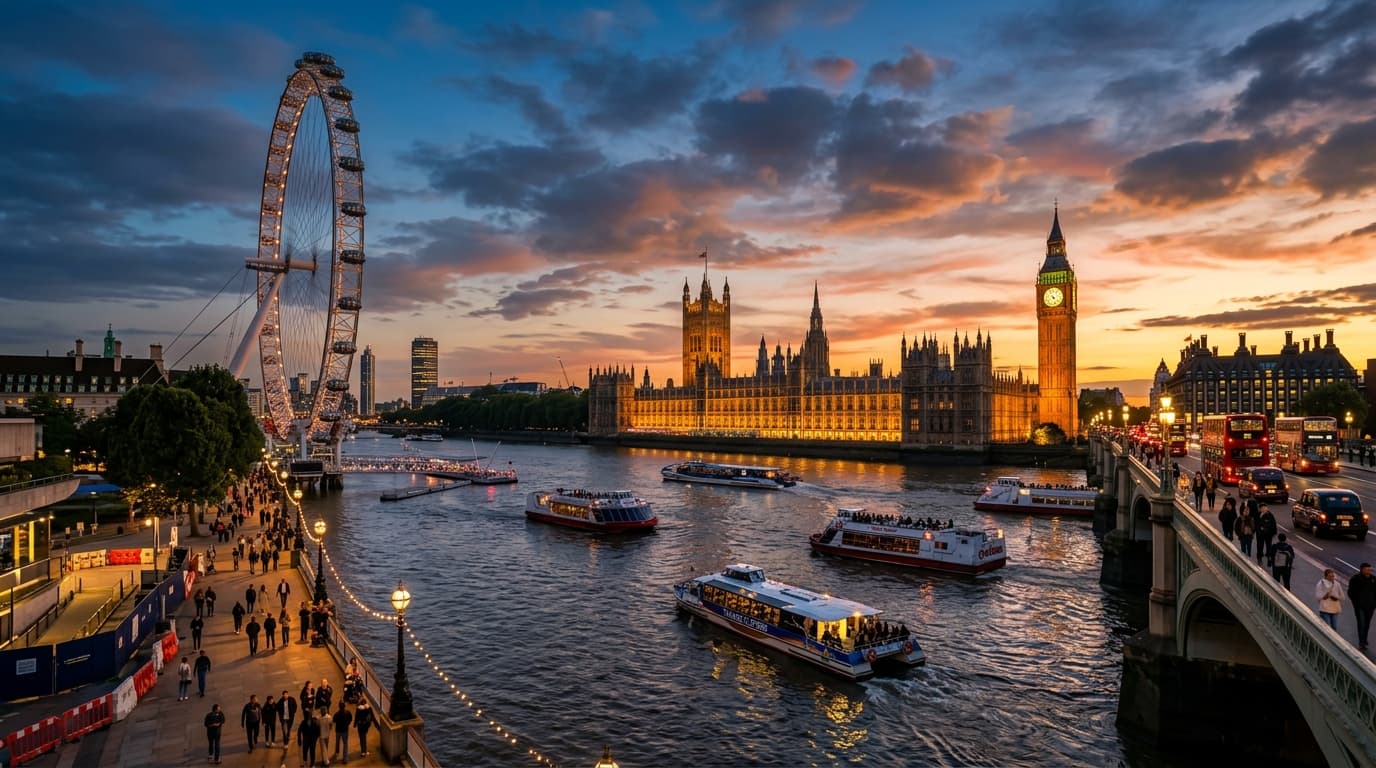 London Eye illuminated at twilight over the River Thames with Big Ben and Parliament in the background