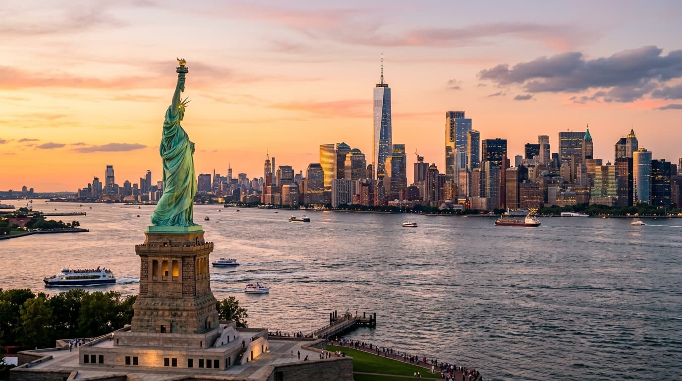 Statue of Liberty on Liberty Island with the Lower Manhattan skyline at golden sunset