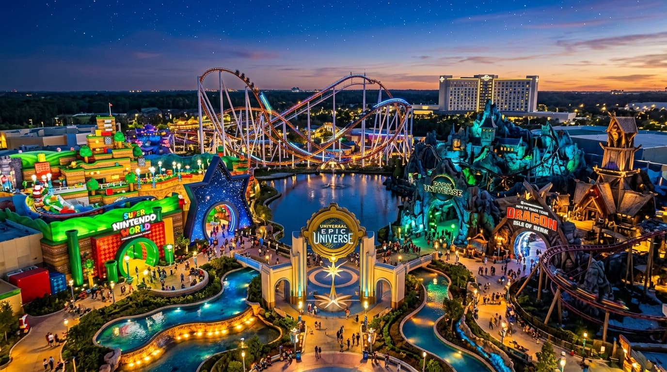 Universal Epic Universe theme park entrance portals and roller coasters illuminated at twilight in Orlando