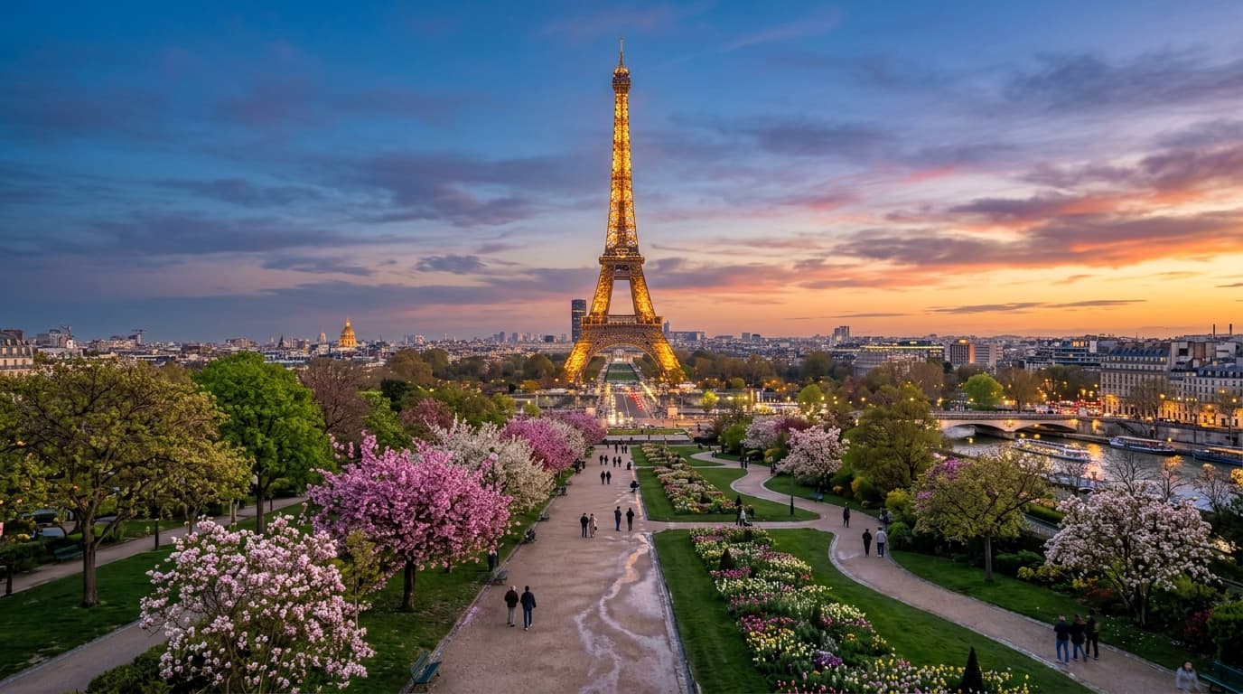 Eiffel Tower illuminated against twilight sky with spring blossoms on the Champ de Mars in Paris