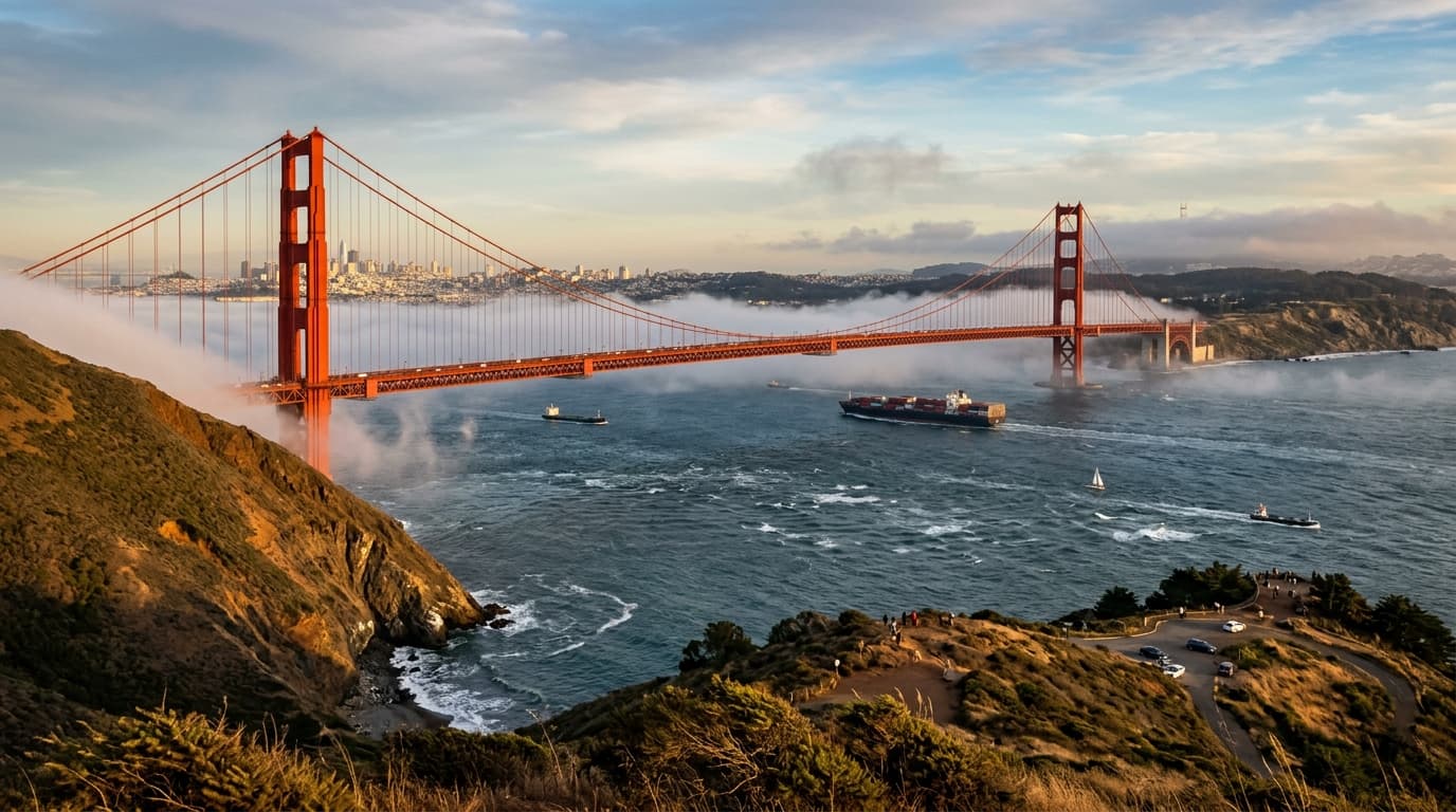 Golden Gate Bridge International Orange towers rising above San Francisco Bay with rolling morning fog