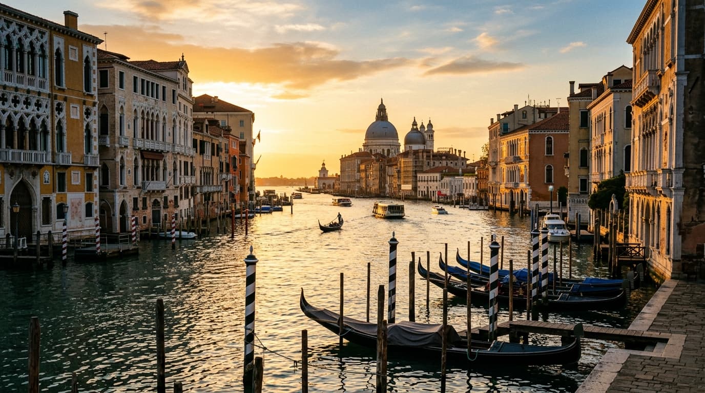 Gondolas moored on the Grand Canal with St. Mark's Basilica and Venetian palazzos in golden sunrise light