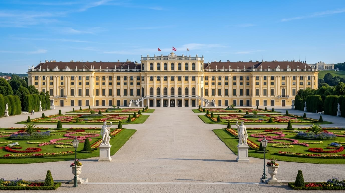 Schönbrunn Palace yellow baroque facade framed by sculpted flower gardens in Vienna