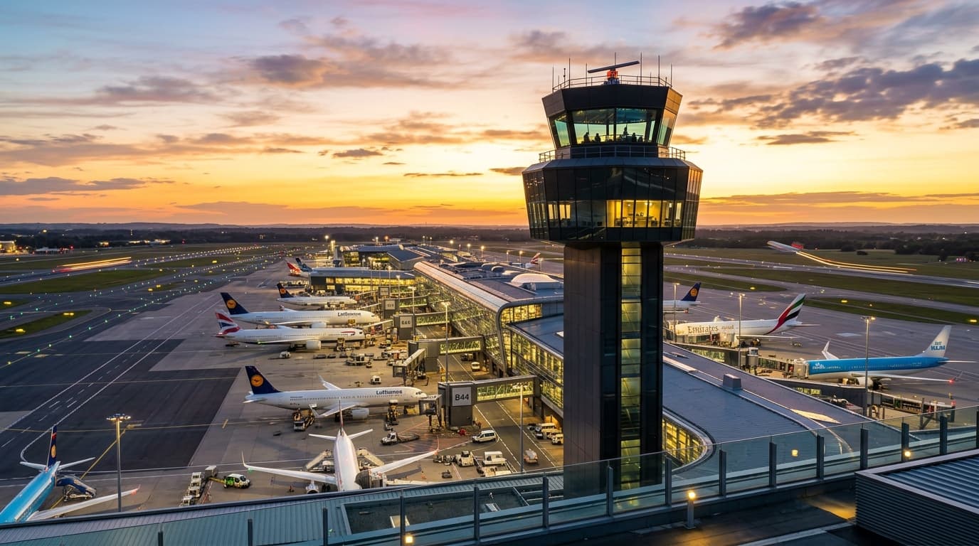 Airport control tower overlooking the runway at sunset