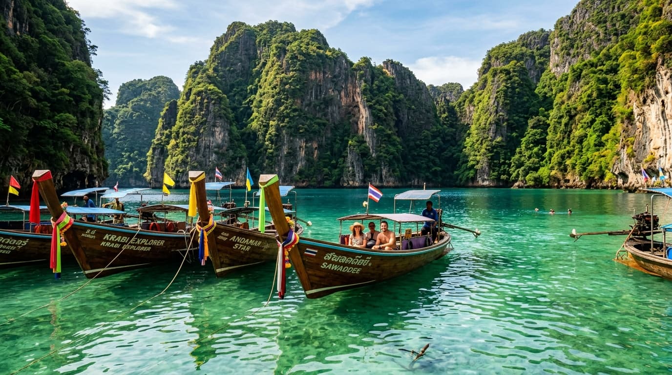 Tropical lagoon with longtail boats and limestone cliffs