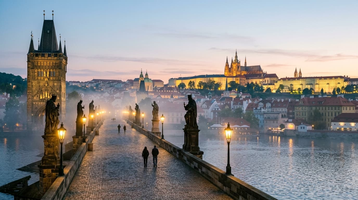 Charles Bridge at Dawn Overlooking Prague Castle