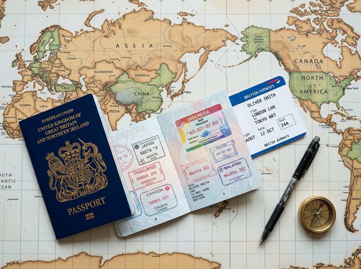 Passport and visa stamps on a travel map