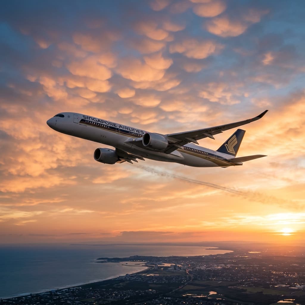 Commercial airliner in flight at sunset