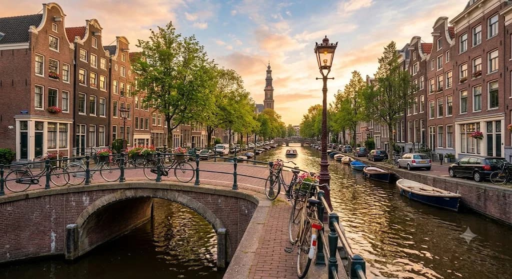 Scenic view of a classic Amsterdam canal with historic houses, a bridge, and a bicycle at twilight
