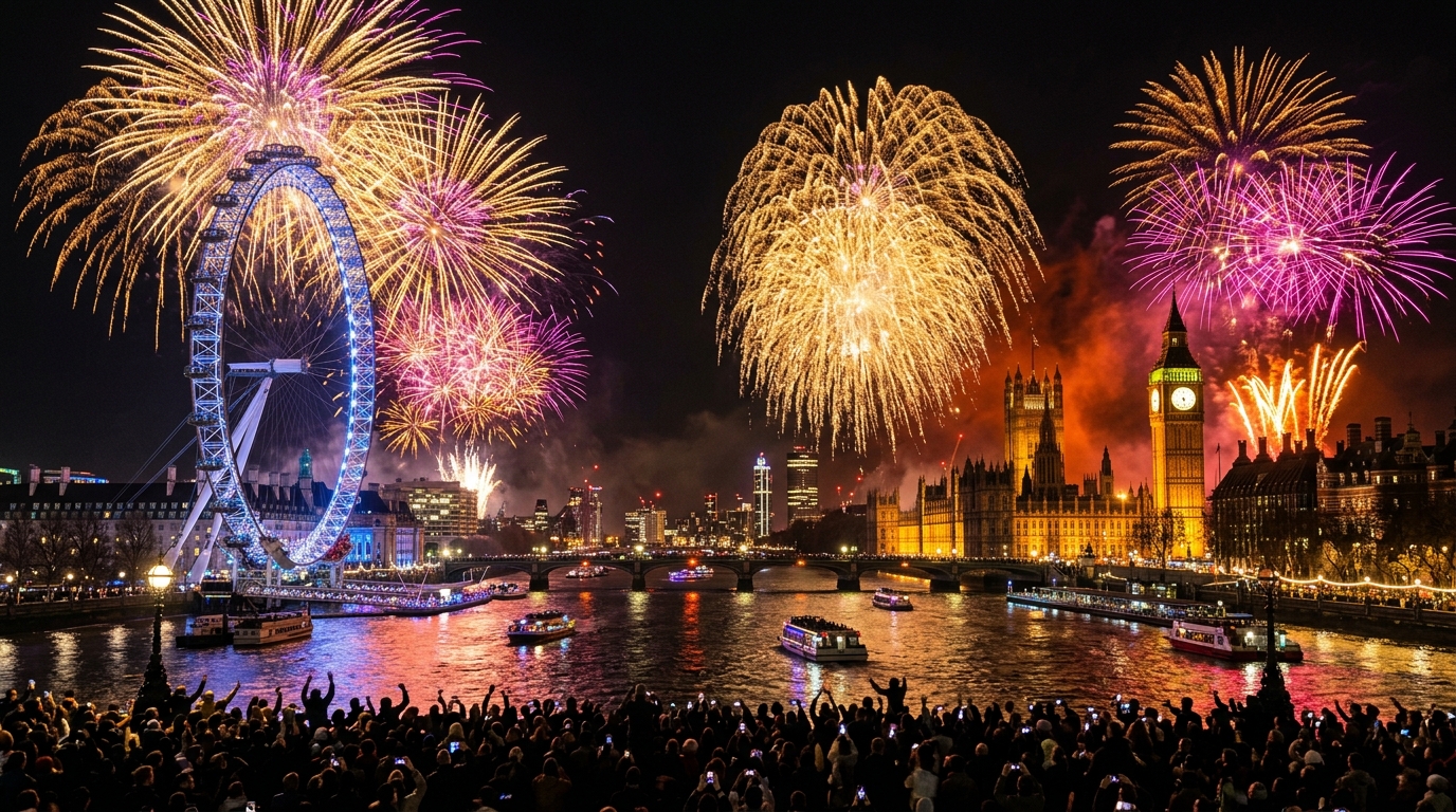 Fireworks over the Thames near the London Eye during New Year's Eve celebrations.